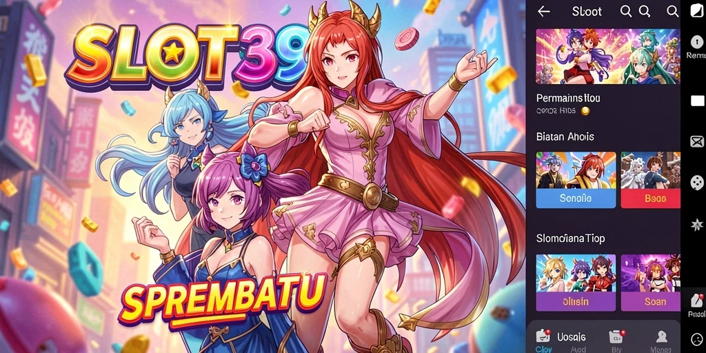 Tangkapan layar utama SLOT39 menunjukkan karakter anime dan gameplay yang dinamis.